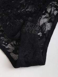 SHEIN Sweetro Women's Lace Sheer Elegant Sexy Tie-Up Bow Bodysuit, Slim Fit Long Sleeve Romper For Party, Spring/Autumn