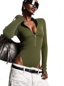 LYSMO Bộ đồ liền thân tay dài cổ đứng mỏng, màu trơn, tối giản, thu đông 2025 dành cho nữ, áo liền thân tay dài có gân, áo thun dài tay màu xanh lá cây, áo denim nữ, thích hợp mặc khi đi chơi, trở lại trường, tốt nghiệp, dạo phố, thời trang Grunge và Punk, quần áo Y2K và phong cách Stockholm, quần áo nữ Avant-Garde và quần áo Halloween độc đáo, bộ đồ liền thân màu xanh quân đội - xanh quân đội - Xem 4