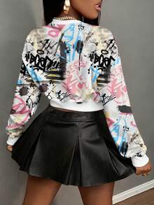 Slaydiva 休闲简约运动街头风涂鸦百搭派对机场装，泼墨印花英文字母粉蓝图案，舒适宽松短款女式卫衣，适合秋冬季穿着。 - 彩色 - 查看 2