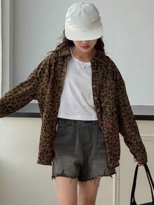 DAZY 女童豹纹翻领长袖休闲衬衫，秋季款 - 咖啡棕 - 查看 5