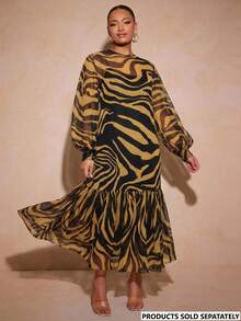 Vixey Animal Print Sheer Mesh Ruffle Hem Balloon Sleeve Dress, Cami Dress Underneath Not Included, Tiger Print Dress - Multicolor - View 1