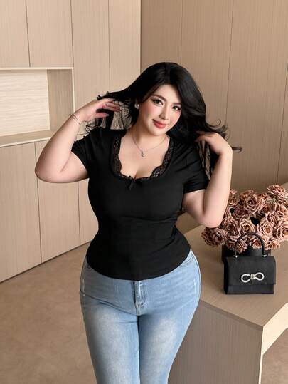 Vibekara Suéter de punto con cuello de encaje, lazo decorativo y parches para mujer de talla grande, adecuado para primavera y verano