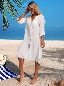 Swim Lushoire 女士性感V领开衩宽松甜美轻盈梭织纯色手工花卉镂空拼接沙滩比基尼罩衫 - 白色 - 查看 4