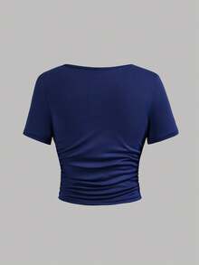 SHEIN Girlism Tween Girl Slim Fit Casual Knit Solid Color Crew Neck Ruched Short Sleeve T-Shirt 3-Piece Set KIDS - Navy Blue - View 7