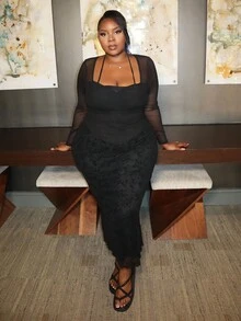 Hourglow Plus Size Women Solid Color Mesh Patchwork Long Sleeve Ruched Fitted Halter Top/Autumn /Winter - Black - View 3