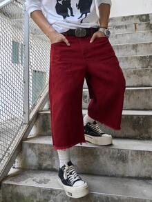 Manfinity EMRG Men's Fashion Frayed Hem 3/4 Denim Shorts Red Jean Shorts Men - Red - View 7