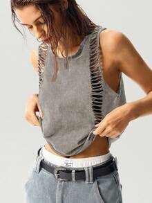 Bohemela Áo tank top dệt kim màu trơn dáng ngắn, đã giặt, dành cho nữ - Xám - Xem 7