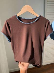 Comfortcana 女士花卉边饰圆领短袖休闲百搭T恤