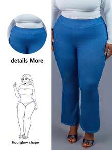 CurvyTilda Quần jeans ống loe rộng, màu trơn, cạp chun co giãn, chất liệu dệt kim, dáng casual, phù hợp với dáng người đồng hồ cát. - Màu xanh lam - Xem 8