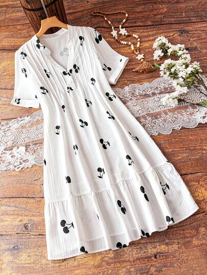 Linhara 大码女式樱桃印花短袖休闲连衣裙