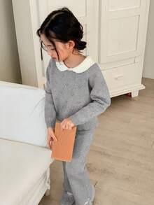 DAZY Young Girl Casual Colorblock Collar Sweater And Knit Pants Set, Autumn/Winter - Grey - View 4