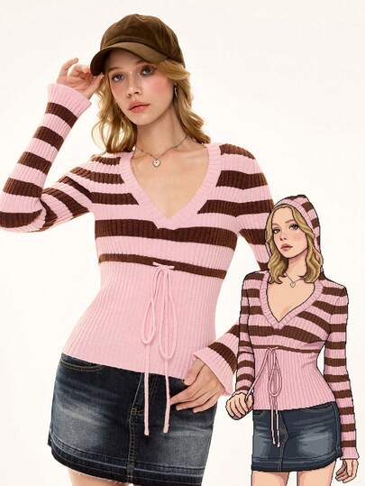 ROMWE Avant Retro Sweetheart Contrast Striped Deep V-Neck Long Sleeve Sweater For Women