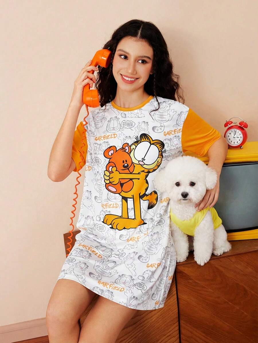 GARFIELD | SHEIN 女士可爱卡通印花撞色短袖宽松睡衣连衣裙，夏季，哞哞睡裙 - 黃色 - 查看 1