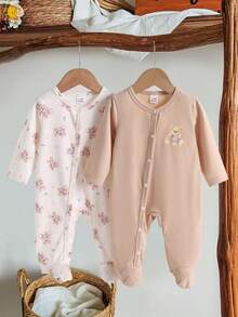 Newborn Baby Pajamas-2 Piece Pajama Footed Romper Set Panda Print Pink Cloud Print Round Neck Long Sleeve Zip Front Full Length All Season 2026 Holiday Must Have Soft Lightweight Cozy Easy Care Nightwear Nursery Gift Cute Playtime - Multicolor - View 3