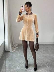 Elenzga 豹纹丝绒黑色舒适优雅浪漫简约女装 - 香檳色 - 查看 6
