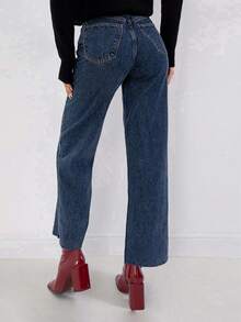 SHEIN PETITE 100%Cotton Raw Hem Wide Leg Jeans Petite - Dark Wash - View 2