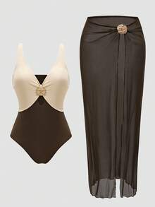 SHEIN Swim Oasis 女士优雅高端度假风卡其色和棕色撞色V领修身连体泳衣带裙 - 彩色 - 查看 10
