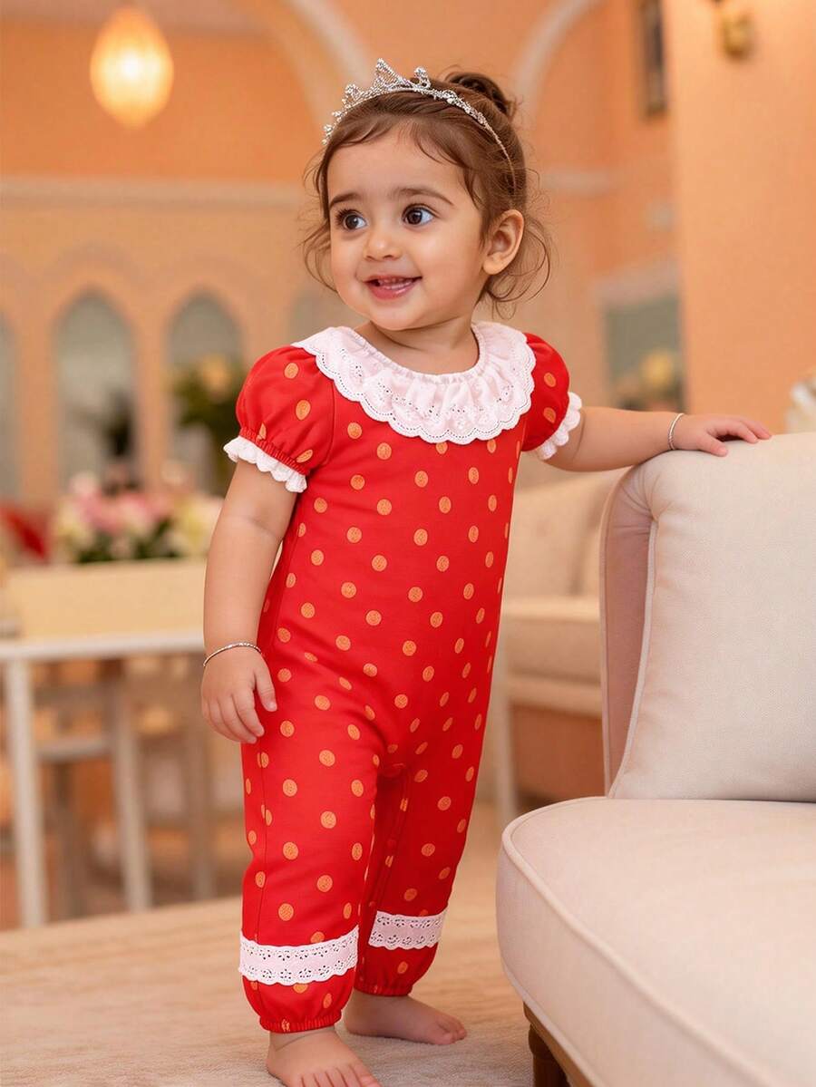 Sparklyn 女婴波点印花荷叶边短袖连体衣 - 紅色 - 查看 1