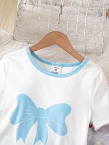 2pcs Girls Cute Blue Bow Pattern Pajama Set, Short Sleeve Top And Leggings - Blue and White - View 5