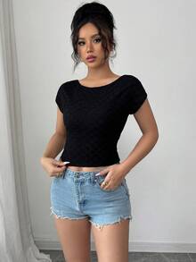 Elenzga Women's Solid Bubble Texture Backless Elastic Fitted T-Shirt, Suitable For Summer - Black - View 5