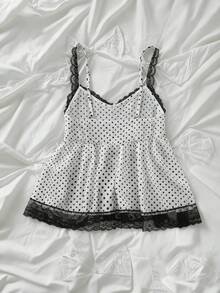 Sweetra Áo camisole thời trang cỡ lớn dành cho nữ, phối ren và chấm bi. - Đen và trắng - Xem 2