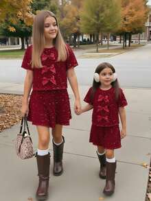 SHEIN 2pcs/Set Young Girls Sparkly Sequin Red Party & New Year Outfit - Red - View 1