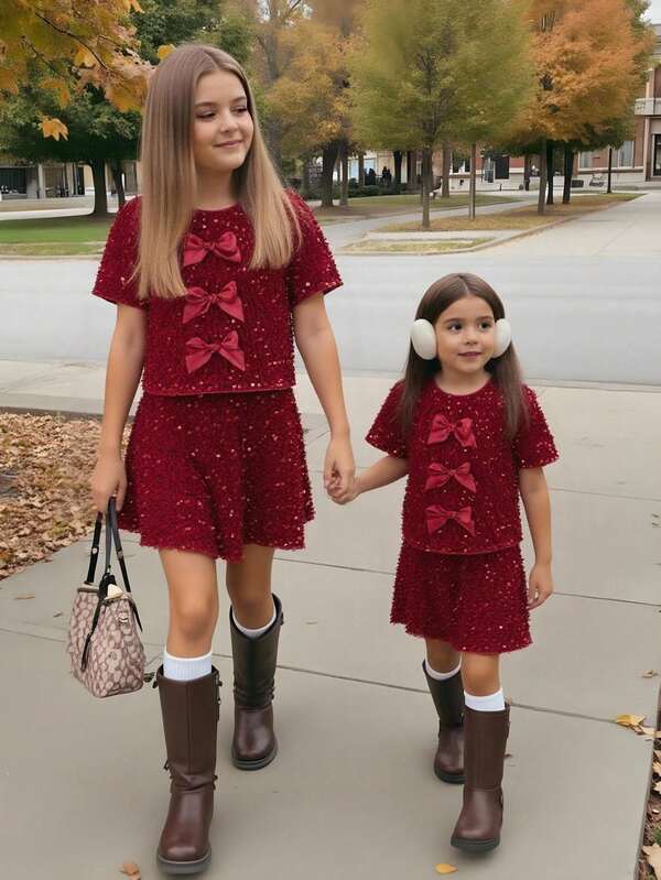 SHEIN 2pcs/Set Young Girls Sparkly Sequin Red Party & New Year Outfit