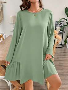 SHEIN Essnce Đầm đen dáng suông thoải mái, đa năng, ôm dáng, có thể điều chỉnh độ dài tay áo, dành cho nữ cỡ lớn, thời trang mùa xuân và mùa thu, trang phục mùa thu, đầm đen cho nữ, trang phục đi nhà thờ cho nữ, đầm dễ thương tôn dáng, kiểu dáng đơn giản. - Màu xanh Bạc hà - Xem 4