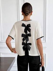 Serisse Women's Contrast Color Bow Decor Round Neck Short Sleeve T-Shirt,Women's Summer Short-Sleeved Top With A Bow Detail On The Back,Color-Blocked Trim T-Shirt,Apricot Loose Fit Short-Sleeved T-Shirt,Vertical Striped Crepe Textured Stretch Fabric,Elegant French-Style Versatile Top.Summer Outfit Women,Beach Outfits For Women,Going Out Top,Vacation Outfits Women,Summer Holiday Outfits,Holiday Outfits For Women Casual Resort - Blue and White - View 8