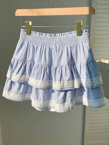 Comfortcana Chân váy xòe kẻ sọc dáng rộng, đa năng, thích hợp mặc hàng ngày, dành cho nữ cỡ lớn. - Xanh và trắng - Xem 6