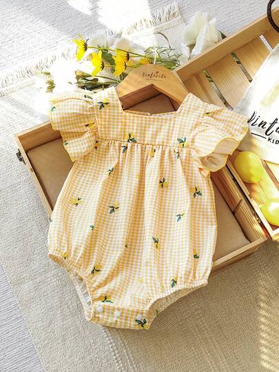 Vintaside Kids 1pc Baby Girls' Fresh Green Plaid Flutter Sleeve Bodysuit. Soft & Comfortable Fabric, Playful & Cute Princess Casual Style, Suitable For Spring/Summer Outdoor, Travel, Daily Wear