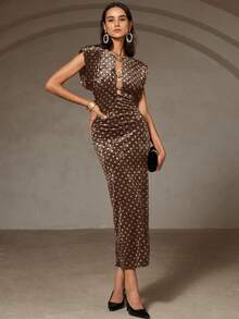 Revavyn Retro Polka Dot Elegant Exaggerated Shoulder Pad Cap Sleeve Round Neck Sexy Hollow Metal Button Design Waist Fitted Dress For Women - Coffee - View 5