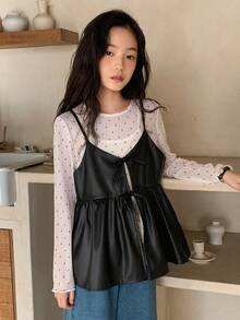 DAZY 少女纯黑色PU面料系带宽松休闲叠穿吊带背心 - 黑色 - 查看 4