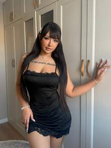 SHEIN Sleeveless Black Mini Sleep Dress Sexy Knitted Fabric With Delicate Contrast Lace Trim And Spaghetti Straps Sexy Black Dress Black Lingerie Dress