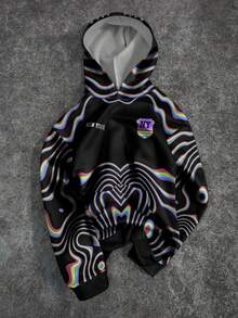 Manfinity EMRG Men's Black Autumn Streetwear Holiday Rainbow Ripple Punk Style Colorful Wave Print Pullover Sweatshirt,Visually Artistic All-Over Print Loose Fit - Black - View 5