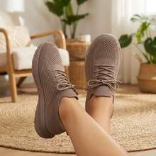 Mujer Zapatillas Deportivas De Tejido De Punto Transpirable Con Cordones Suela Gruesa Cafe Claro - Caqui - Ver 12