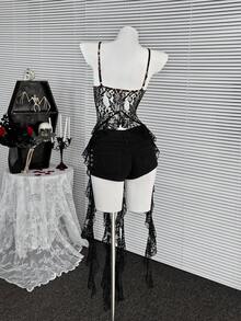 Coolane Women's All-Season Y2K Concert Rave Festival Going Out Rave Contrast Lace Leopard Black Long Cami Top, Black Top - Black - View 4
