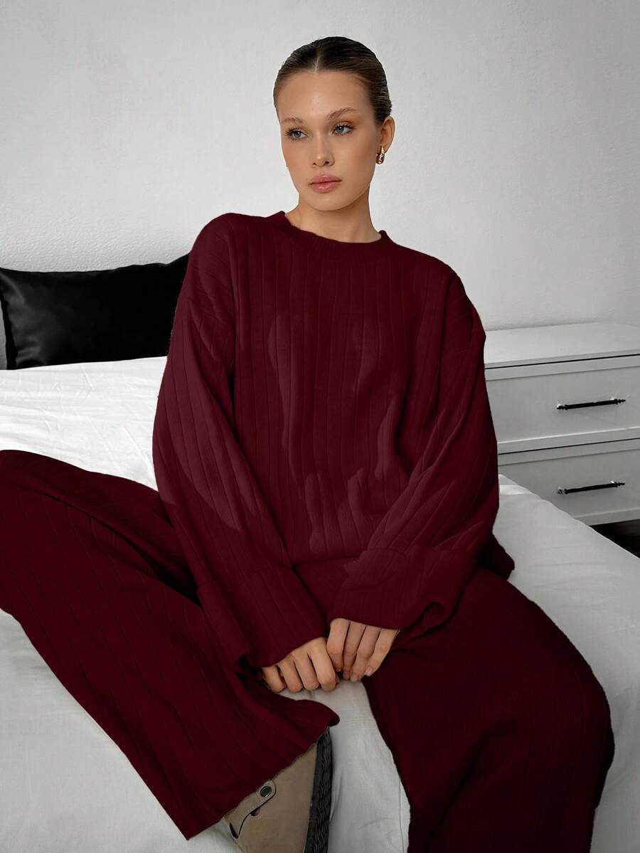 EURMUSE Women Rib Knit Button Detailed Sweater And Pant Set Two Pieces Set - Burgundy - View 1
