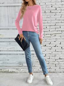 SHEIN LUNE Áo thun dài tay nữ màu trơn cổ tròn xếp ly, kiểu dáng thường ngày, đa năng. - Hồng - Xem 5