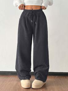 SHEIN PETITE Women's Autumn And Winter Street Fashion Casual Retro Corduroy Textured Pants Women Pants Loose Pants For Women Harem Pants Women Baggy Pants Drawstring Pants Corduroy Pants For Women Womens Wide-Leg Pants - Grey - View 5