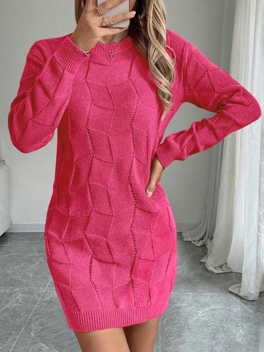 EMERY ROSE Women's Loose Casual Round Neck Drop Shoulder Long Sleeve Knitted Sweater Dress, Autumn/Winter - Hot Pink - View 1