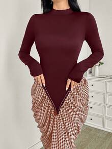 Modelyn Women's Extra Long Knit Patchwork Elegant Curve-Hugging Bodycon Dress Burgundy Outfit Women Maroon Outfits For Women Two Piece Women Sets Skirt Modest Two Piece Set Long Sleeve Elegant Dress