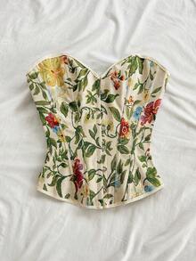 Soleia Vintage Palace Style Colorful Floral Jacquard Print Tube Crop Top With Button And Tie Back For Women, Vacation - Multicolor - View 5