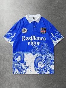 ROMWE MEN Anime 男士休闲运动风足球龙印花 Polo 衫 - 藍色 - 查看 3