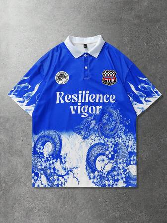 Street Life Herren Lässig Sport Stil Fußball & Drachen Muster Poloshirt
