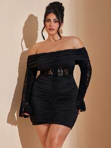 SHEIN BAE Elegant Plus Size Black Off The Shoulder Long Sleeve Mini Bodycon Dress With Ruched And Hollow Out Details Perfect For Night Out - Black - View 5