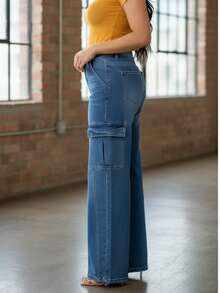 Pantalón de mezclilla para mujer estilo cargo urbano, lavado moderno, tiro alto, bolsillos múltiples, corte holgado, sin cuello, pantalón largo, primavera otoño, uso casual versátil - Azul 1 - Ver 2