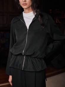 Franclia Veste pour femmes printemps/automne, veste ample à manches longues avec col cranté, taille cintrée plissée, noire, convient pour l'extérieur et les déplacements