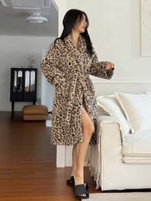 DAZY Women's Leopard Print Flannel Robe, Mid-Length With Lapel, Winter - Brown - View 6