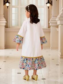 中东风情时尚优雅女童两件套：长袖薄款立领开衫外套+无袖长裙，适合日常穿着和正式场合。 - 白色 - 查看 2